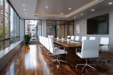 Fototapeta premium Contemporary minimalist conference room featuring a large wooden table and stylish seating with city views through expansive windows