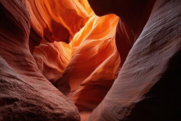 Vivid orange hues illuminate a slot canyon wall in a dramatic display of natural artistry during midday in a remote desert area