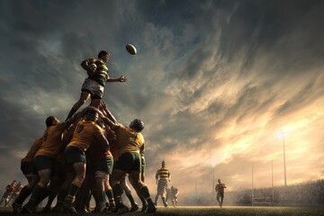 Intense clash between two rugby teams as athletes battle for victory under dramatic skies at dusk