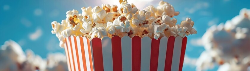 A bowl of popcorn overflowing from a red and white striped popcorn box, perfect for a movie night HD