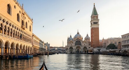 Fototapeta premium Venice's Grand Canal at Dawn: A Timeless Vista of Doge's Palace and Campanile Reflections