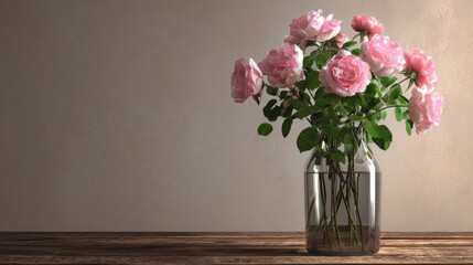 Obraz premium pink roses in big glass vase standing on the floor no logos no brands ar 169