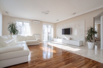 Fototapeta premium Spacious living room featuring a white sofa and modern TV unit with large windows and wooden flooring