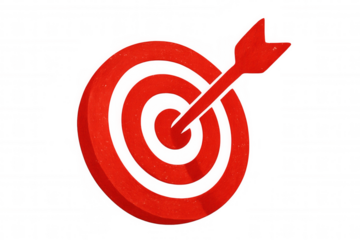 Red target with arrow hitting bullseye, symbolizing success, achievement, and goals, on a transparent background