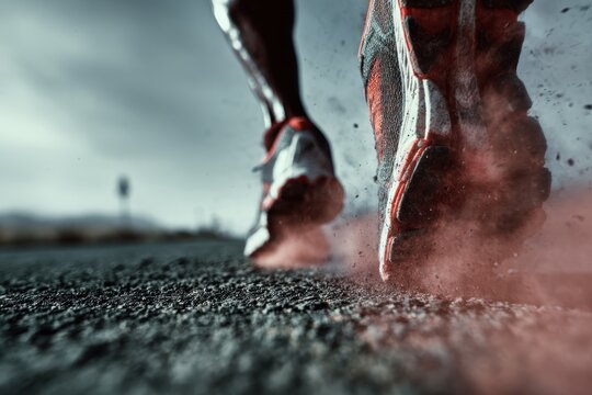 Close up slow motion shot of a male triathlete sprinting on a rugged road during an intense competition under a cloudy sky