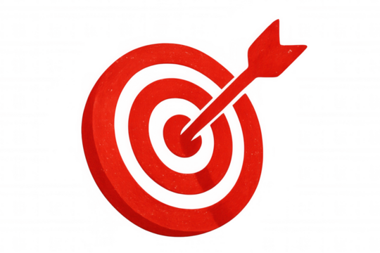 Red target with arrow hitting bullseye, symbolizing success, achievement, and goals, on a transparent background
