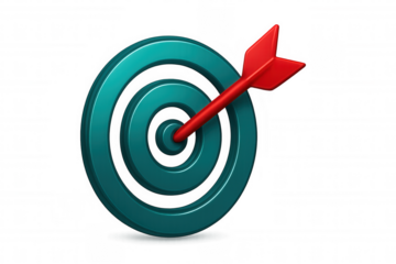 Sharp red arrow piercing turquoise target bullseye, symbolizing precision marketing strategy and goal achievement against transparent backdrop