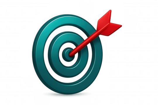 Sharp red arrow piercing turquoise target bullseye, symbolizing precision marketing strategy and goal achievement against transparent backdrop - Powered by Adobe