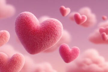 Obraz premium Realistic pink fluffy hearts floating in a dreamy sky, perfect for celebrating love on Valentine's Day with a romantic atmosphere