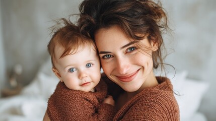 Obraz premium family child and parenthood concept happy smiling young mother with little baby at home no logos no brands ar 169