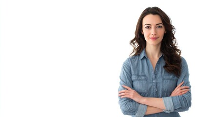Fototapeta premium Confident Woman Portrait: A self-assured young woman with dark curly hair, wearing a blue denim shirt, stands with her arms crossed, exuding confidence and professionalism.