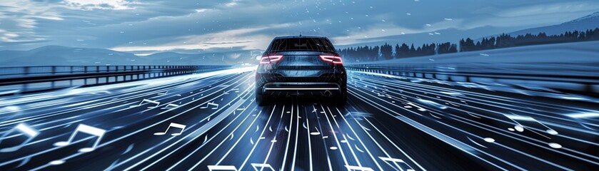 A car drives down a road made of musical notes, leaving a trail of sound as it travels Business car