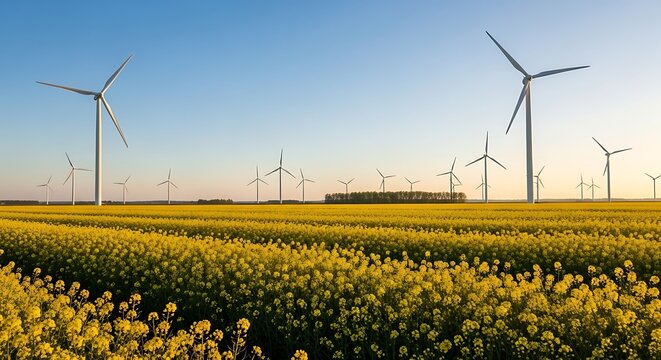 Wind turbines over a vibrant yellow rapeseed field under a clear blue sky on the horizon - Powered by Adobe