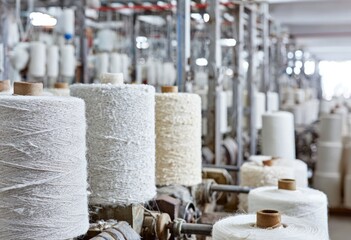 Naklejka premium Industrial textile machinery with spools of white and beige yarn