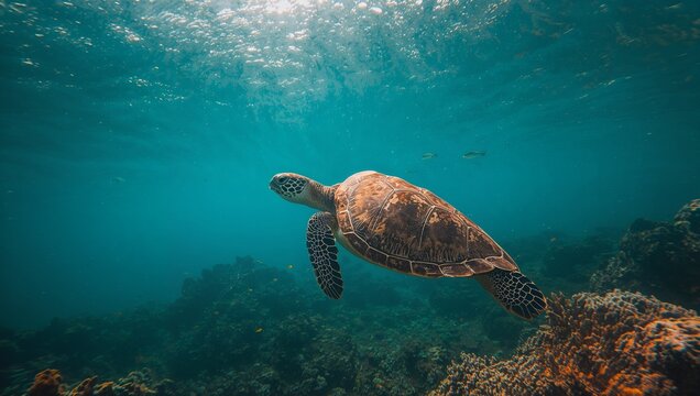 Turtle swimming in the vibrant turquoise Caribbean water of Jamaica, with the warm sun shining down, capturing the turtle's textured shell and flippers in exquisite detail