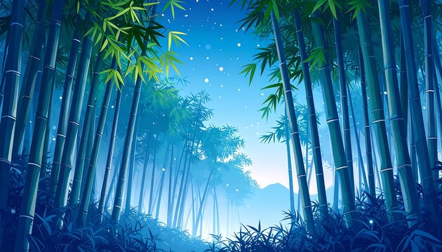 Mystical Bamboo Forest at Night, Digital Painting, Tranquil Scene.