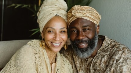 portrait of mid adult happy african american couple hugging at home while sitting on couch portrait of mature man with his woman wearing traditional turban looking at camera black mid adult couple  n