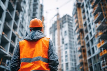 Construction worker in orange vest observes progress of high-rise buildings at dawn during active site operations in the city