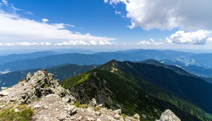 Fototapeta premium Panoramic mountain vista; rocky foreground, layered ridges, blue sky, fluffy clouds