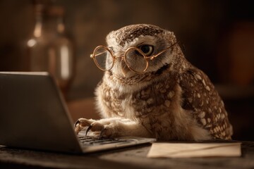 Owl wearing reading glasses typing on a laptop in a cozy, rustic environment at night