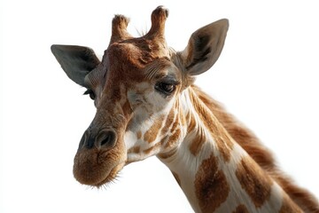 Naklejka premium Wild giraffe head isolated with prominent white background showcasing distinct features and natural beauty