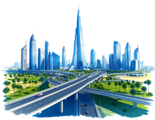 Cityscape, freeway, palm trees, architectural sketch, urban planning, EPS Vector