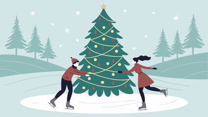 Couple ice skating around a christmas tree with decorations and a star in a snowy winter wonderland scene