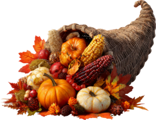 Abundant Thanksgiving cornucopia with pumpkin, corn, and fall harvest