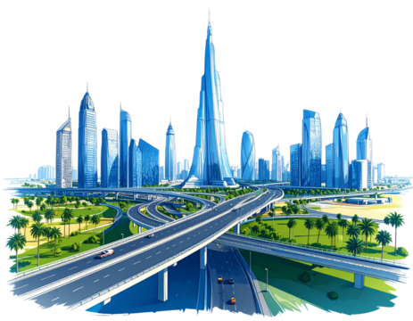 Cityscape, freeway, palm trees, architectural sketch, urban planning, EPS Vector