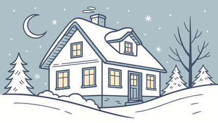 Fototapeta premium Illustration of a snow covered house at night with a crescent moon and christmas trees around it