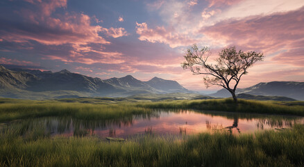 sunrise over the lake. Generative AI