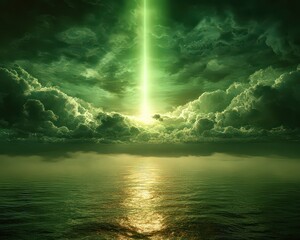 Powerful Emerald Green Light Beam Across Dramatic Sky