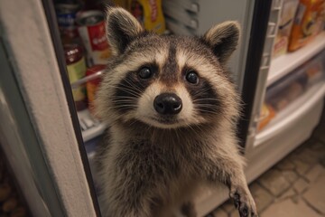 Raccoon caught stealing snacks from an open refrigerator during the night in a cozy kitchen setting