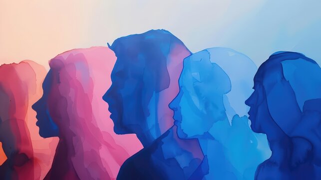 A Close-up Shot of a Abstract watercolor silhouettes of diverse people facing forward
