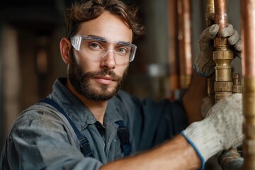 Professional plumber wearing safety glasses works diligently on plumbing installation in an industrial setting during daylight hours