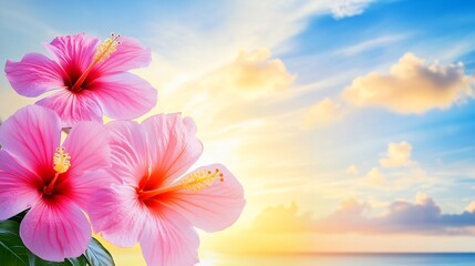 Fresh clean background featuring tropical flowers like hibiscus and plumeria set against a bright sunlit sky The design captures the essence of a beach themed event or vacation getaway