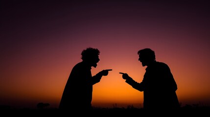 Silhouette of two men arguing and pointing fingers at each other during dramatic sunset sky, conflict and disagreement concept, heated conversation in evening light