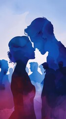 A Close-up Shot of a Silhouettes of people at a wedding with watercolor details