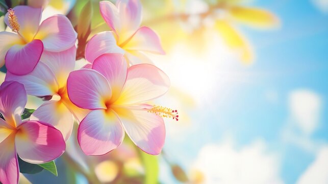 Fresh clean background featuring tropical flowers like hibiscus and plumeria set against a bright sunlit sky The design captures the essence of a beach themed event or vacation getaway