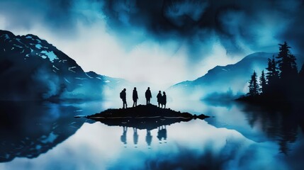 A Close-up Shot of a Watercolor silhouettes of a bustling cityscape with overlapping colors