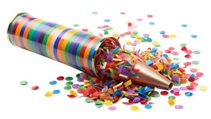 A colorful party popper exploding with confetti, creating a festive and celebratory atmosphere isolated on transparent background