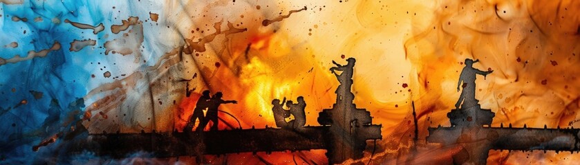 A Close-up Shot of a Watercolor silhouettes of a bustling cityscape with overlapping colors