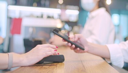 Customers use smartphones to pay at the cafe.  