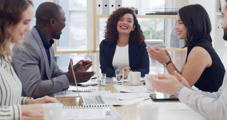 Woman, team and applause at office for finance, results or excited with goals at company. Group, women and motivation with praise, thanks and celebration with revenue increase at investment agency