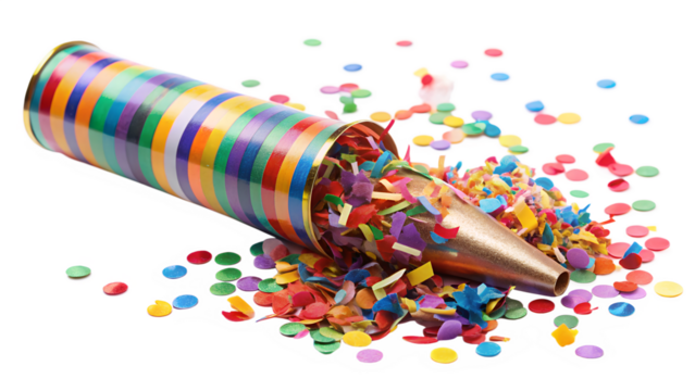 A colorful party popper exploding with confetti, creating a festive and celebratory atmosphere isolated on transparent background