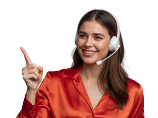Smiling friendly representative gesturing with headset against transparent background