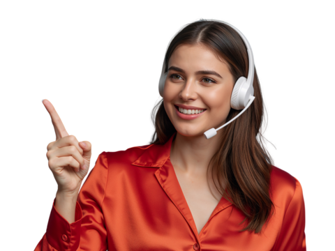 Smiling friendly representative gesturing with headset against transparent background