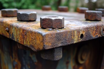 Close-up of rusted metal plate with bolts