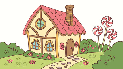 Illustration of a whimsical house with pink roof and lollipops in a cartoon landscape scene