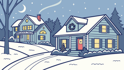 Obraz premium Winter scene featuring two houses with snow covered roofs and a crescent moon in the sky at night